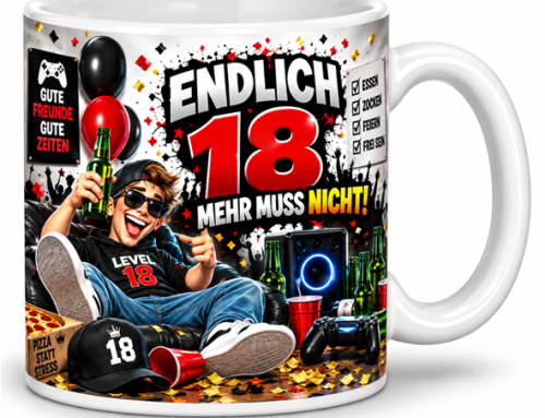 Motivtasse: Endlich 18 – mehr muss nicht – Junge – Geschenk, Kaffeetasse