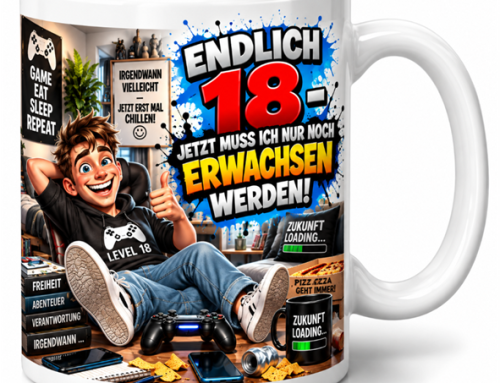 Motivtasse: Endlich 18 – nun muss ich nur noch Erwachsen werden – Geschenk, Kaffeetasse