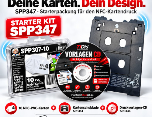 TiDis SPP347 NFC-Kartendruck Starterpaket mit 10 NFC-PVC-Karten, Kartenschublade SPP314 und Vorlagen-CD für kompatible Canon PIXMA Drucker